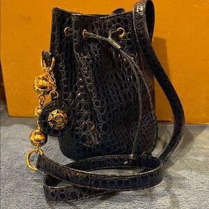 Gianni Versace Elegant Blue Croc-Embossed Bucket Bag